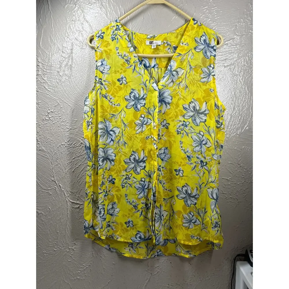 Kut from the Kloth Sheer Sleeveless‎ Button Down Top Shirt Yellow Floral Size M